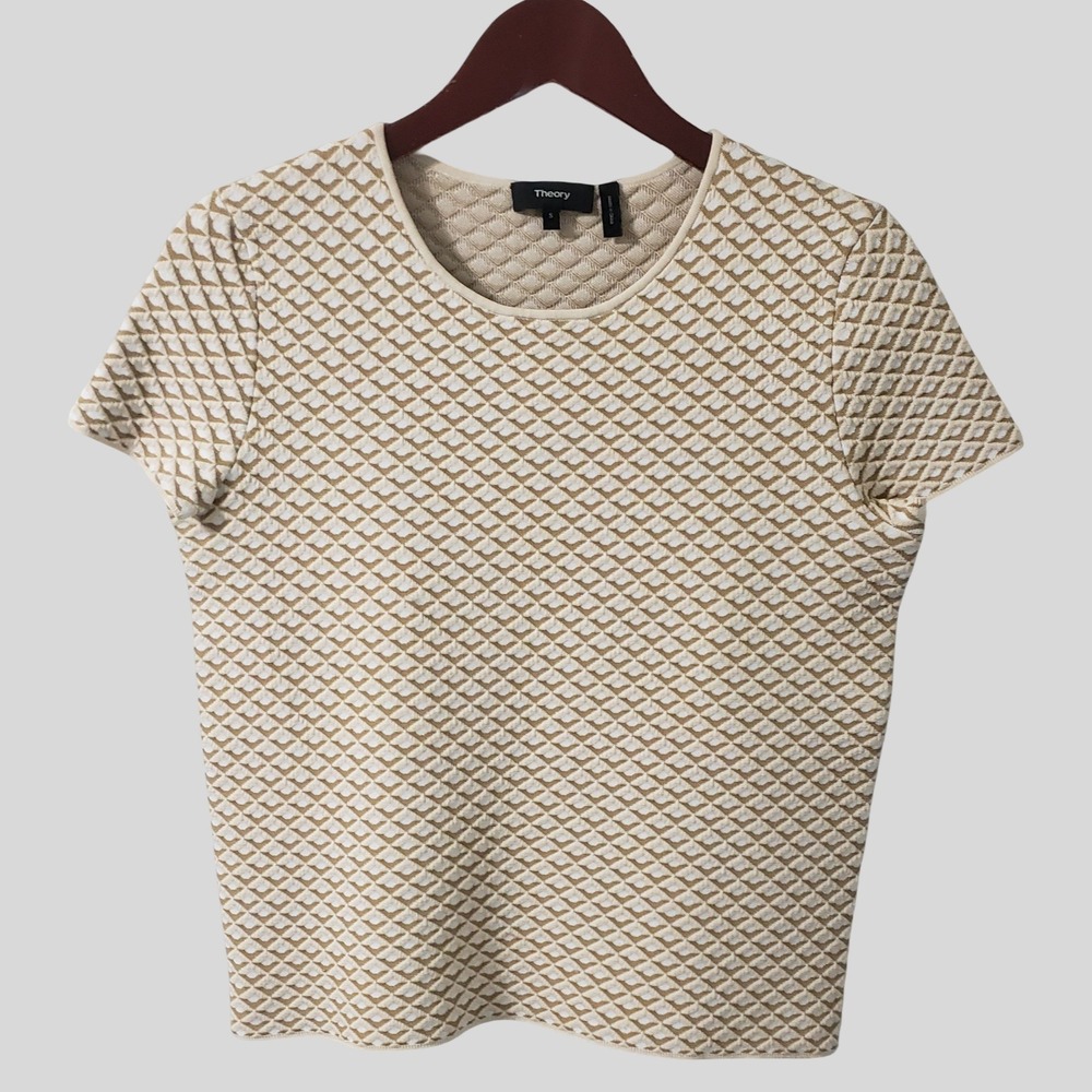 Theory Womens Ferson Glossed Boxy Top Textured Diamond Jacquard Knit Ivory Small